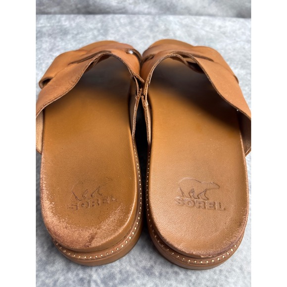 SOREL Women's Roaming Criss Cross Slide Sandal in Camel Brown Leather Size 7.5 - Picture 10 of 10